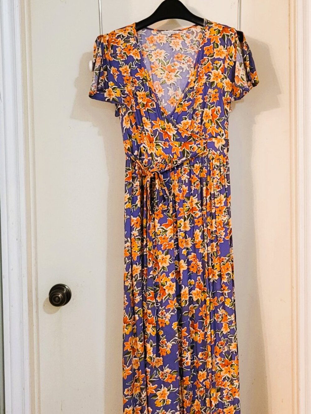Patrons of Peace Maxi Sundress. Blue, Orange & white Floral. Size Small - Picture 3 of 16